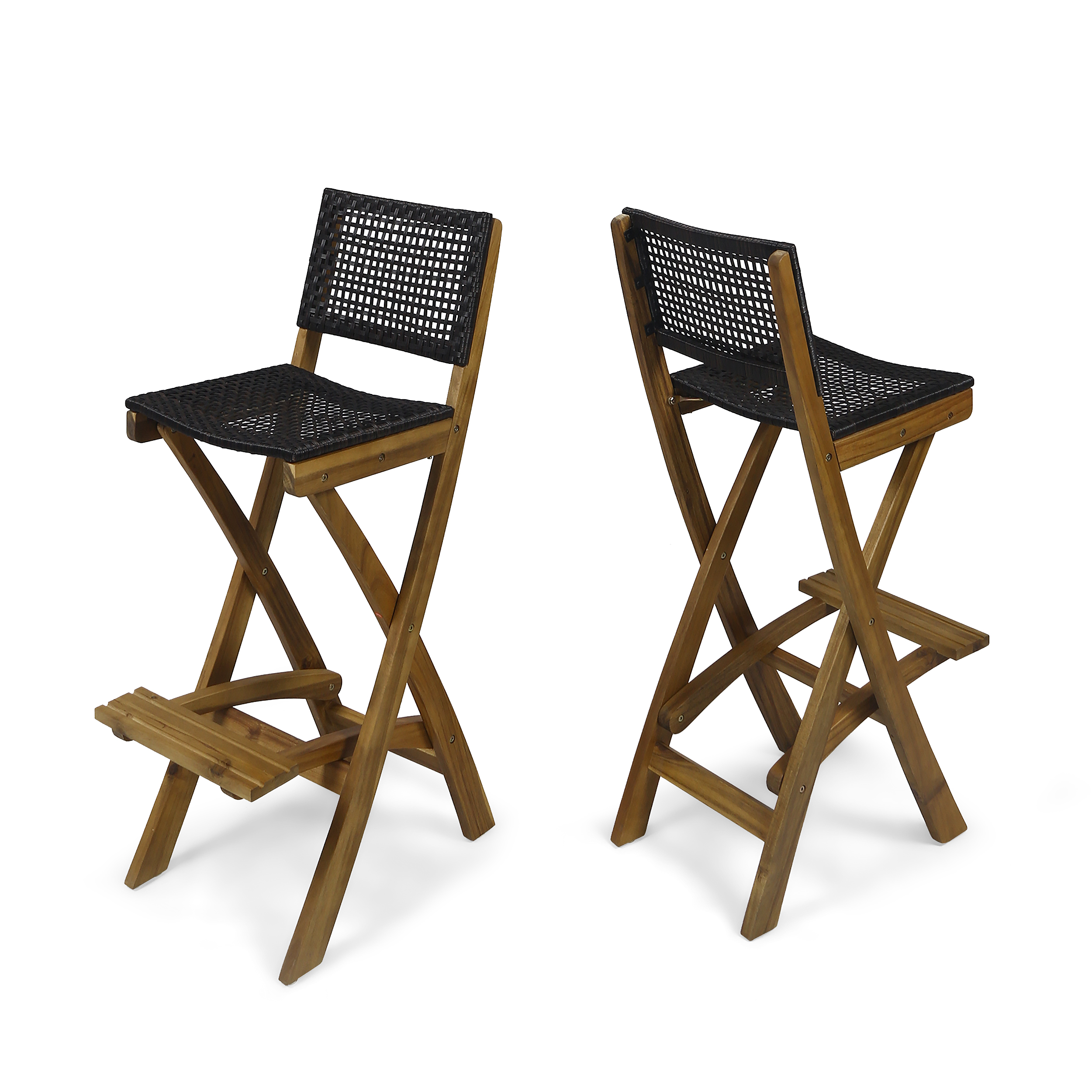 Constance Outdoor Folding Acacia Wood Barstools (Set of 2), Teak and Brown